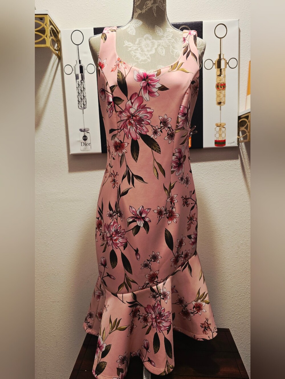 Sleeveless Pink Floral Midi Dress with Flared Hem